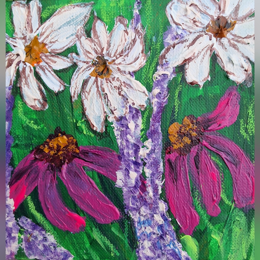 "Daisy Days" Original Artwork Diptych - Daisies & Magenta Coneflowers (2) 6 X 6 - Picture 5 of 8